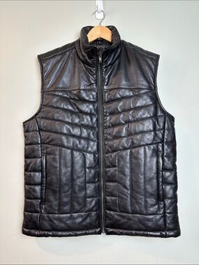 Black Leather Insulated Puffer Vest quilted with Full Zip biker women’s men’s